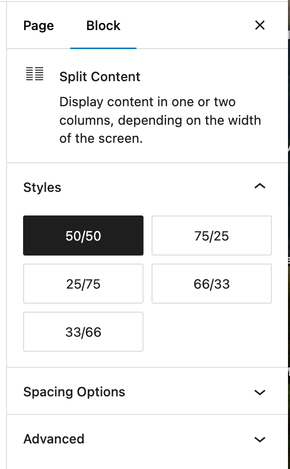 Style options for the Split Content block in the Inspector Panel